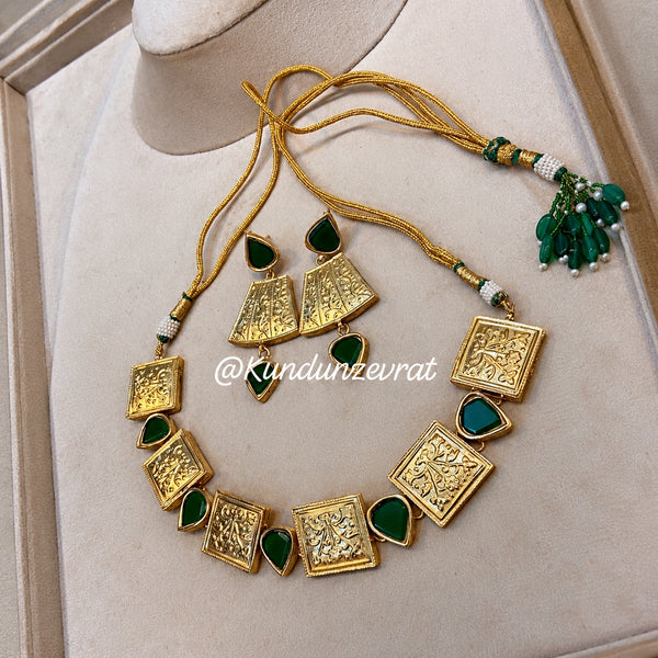 Royal Emerald Green Gold-Plated Engraved Necklace & Earrings Set by Kundun Zevrat