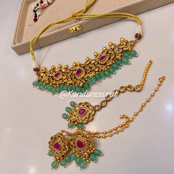 Royal Mint Green & Ruby Gold-Plated Kundan Bridal Jewelry Set by Kundun Zevrat