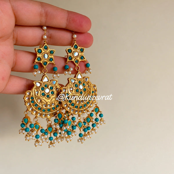 Royal Teal Gold-Plated Kundan Statement Earrings by Kundun Zevra